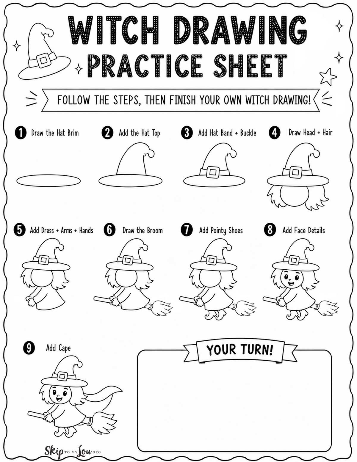 Witch drawing practice sheet with 9 easy steps and a Your Turn drawing box for kids.