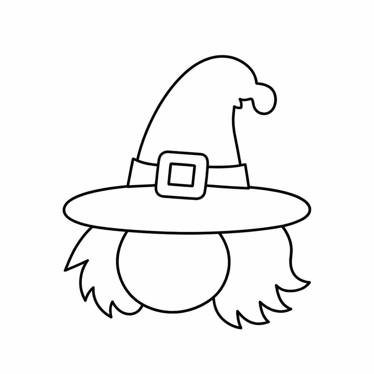 Witch drawing step 4 showing the head and hair added under the witch hat.