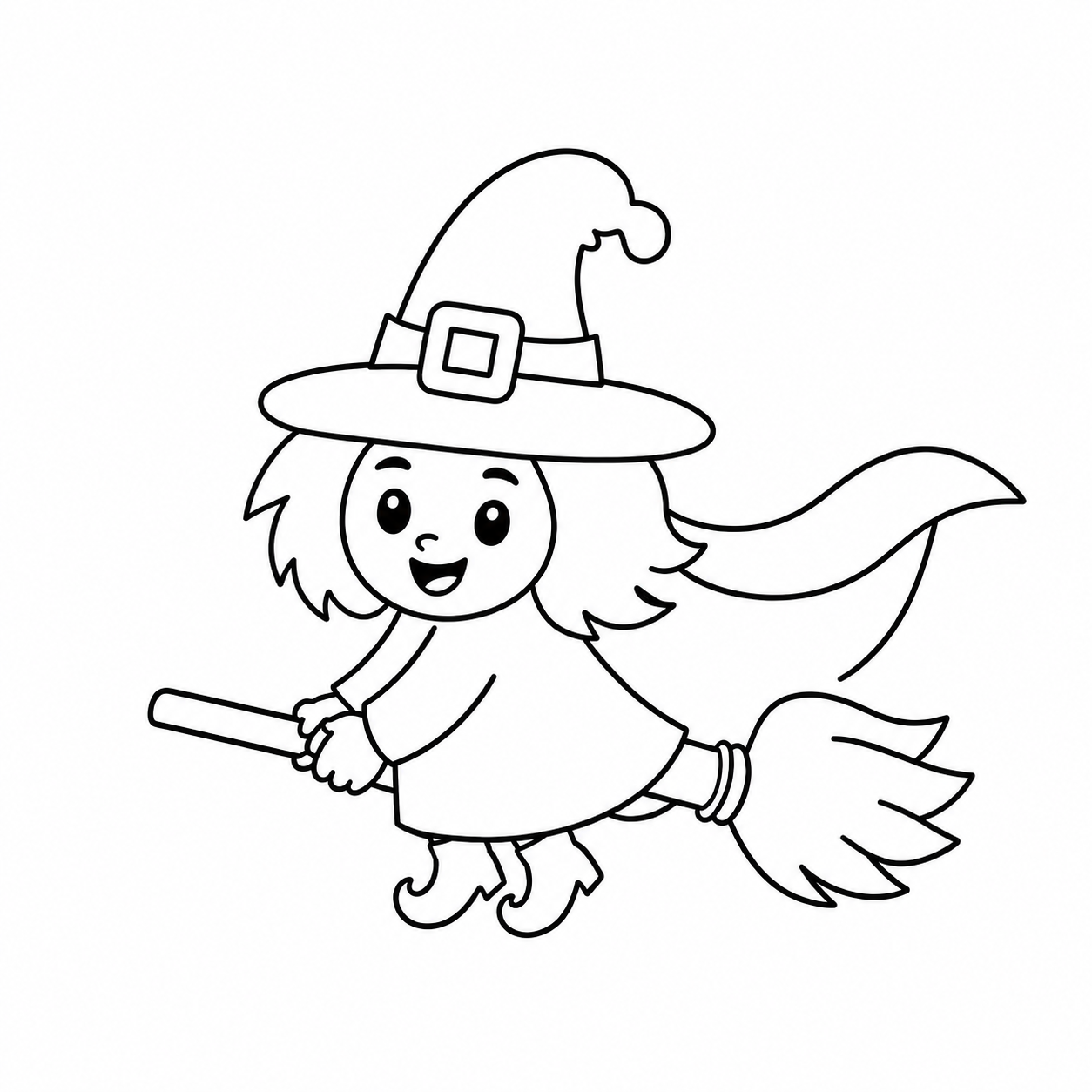 Witch drawing step 9 showing the finished witch with a cape flying on a broom.