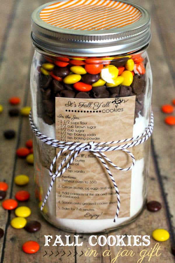 Fall cookie mix jar with recipe wrapped in twine.