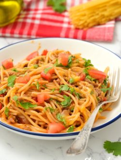 The delish Mexican Spaghetti is ready to serve.