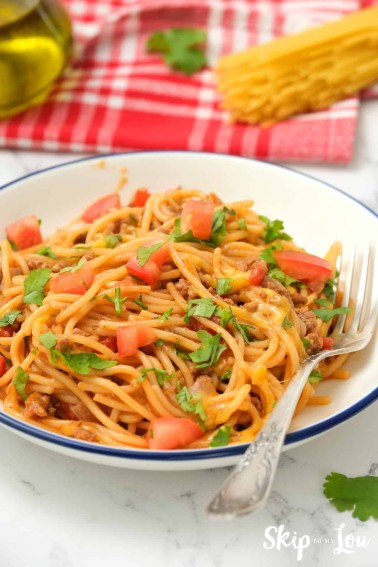 The delish Mexican Spaghetti is ready to serve.