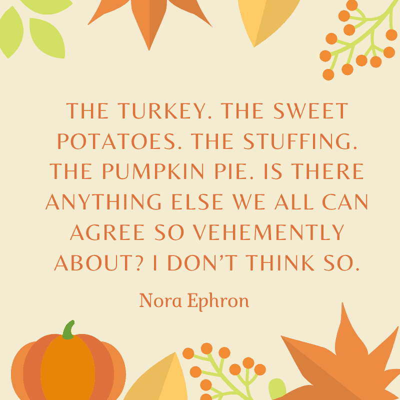 The turkey. The sweet potatoes. The stuffing. The pumpkin pie. Is there anything else we all can agree so vehemently about? I don’t think so. Nora Ephron