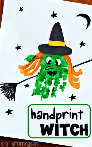 Halloween handprint craft featuring a green handprint with orange hair, a black hat, riding on a black broom with black stars and a black moon in the sky.