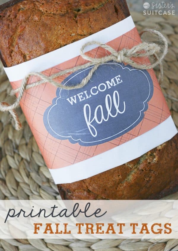 One of the free printable tags for fall wrapped around pumpkin bread and tied with twine.