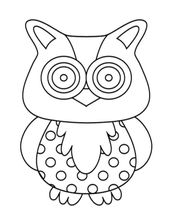 black and white drawing of a cartoon Great Horned owl will polka dots on its belly by Skip to my Lou