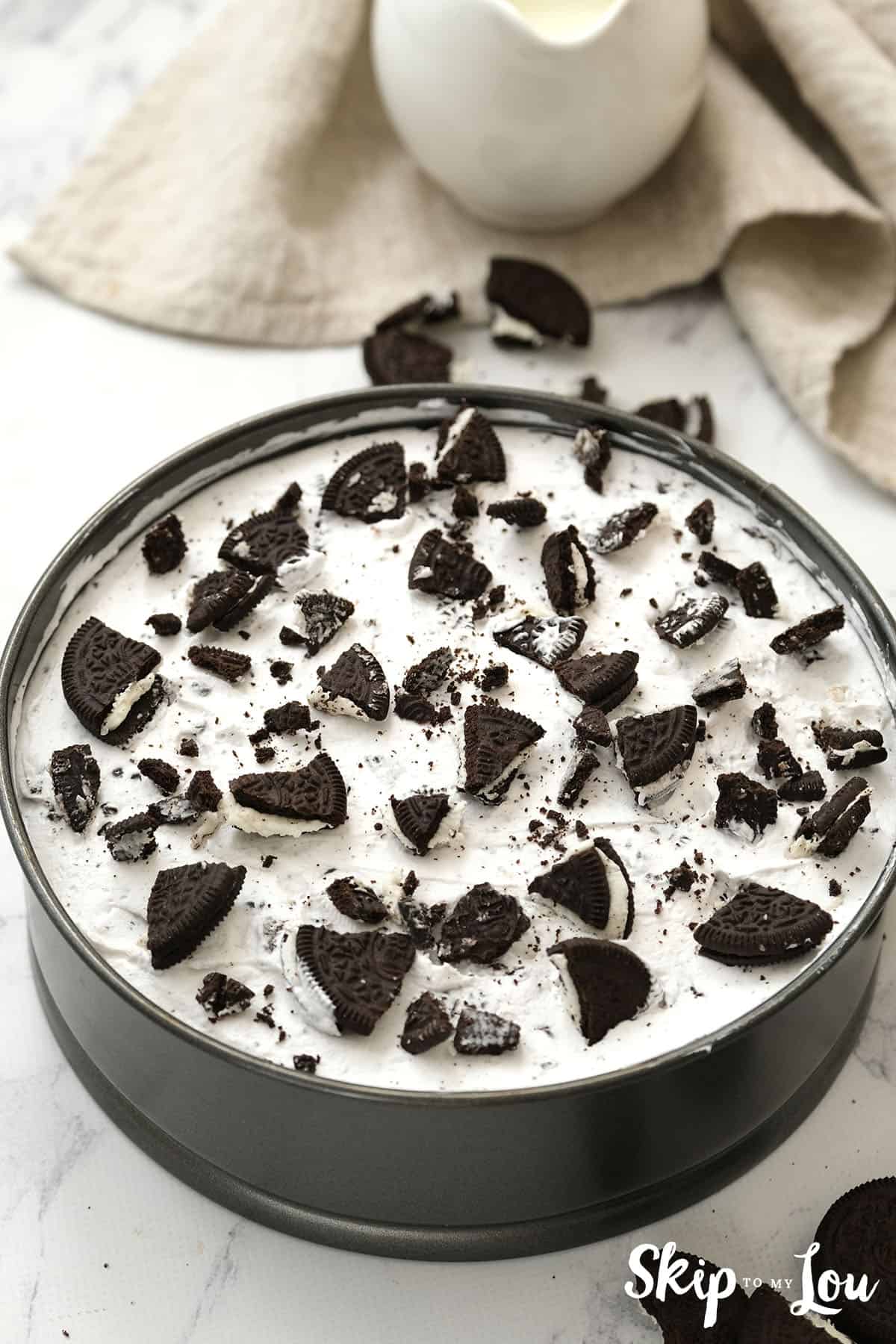 Oreo cookies sprinkled on top of the Oreo Pie.