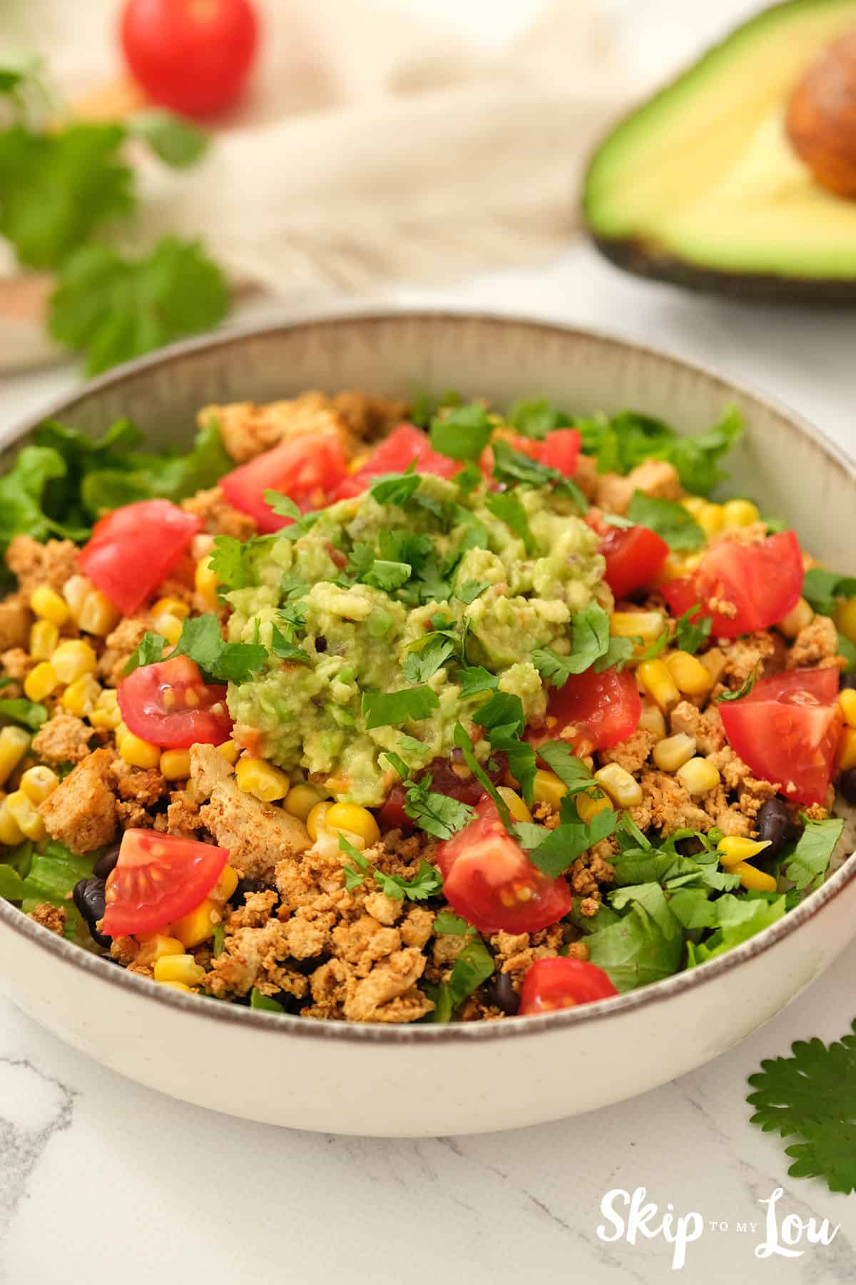 Sofritas Bowl served in a white dish.