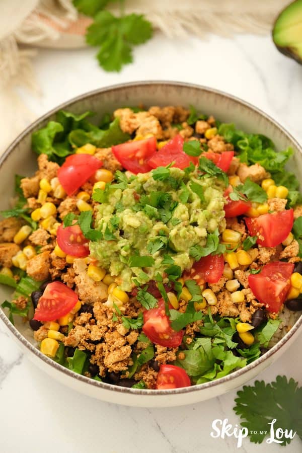 Beautiful presentation of the sofritas bowl in a white serving dish.