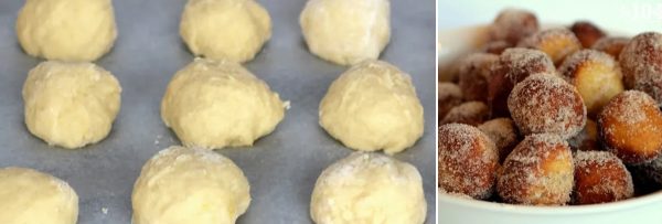 Image shows the process of making cinnamon sugar sourdough donut holes.