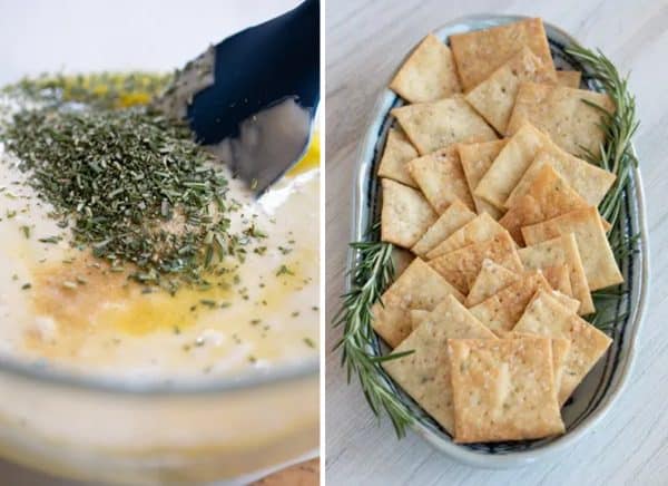 Image shows two pictures of rosemary olive oil sourdough cracker.