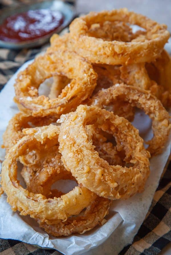 Image shows sourdough onion rings.
