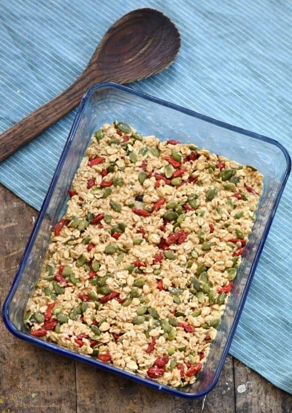 Image shows a picture of the process of making sourdough granola bars.