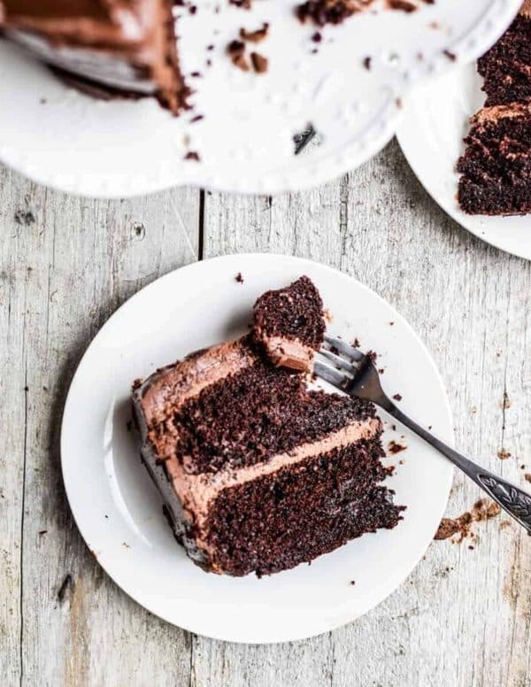 Image shows a slice of chocolate cake made with sourdough.