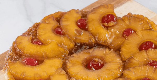 Image shows sourdough pineapple upside down cake.