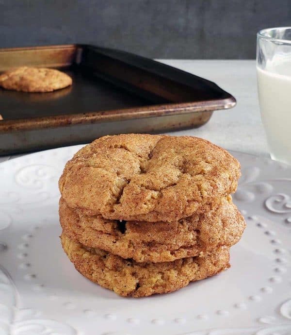 Image shows a batch of sourdough discard snickerdoodle cookies