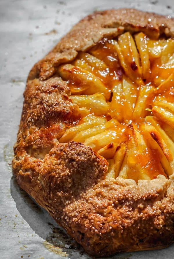 Image shows a sourdough discard apple galette.