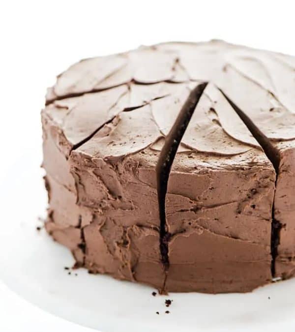 Image shows a sourdough chocolate cake with a slice cut.