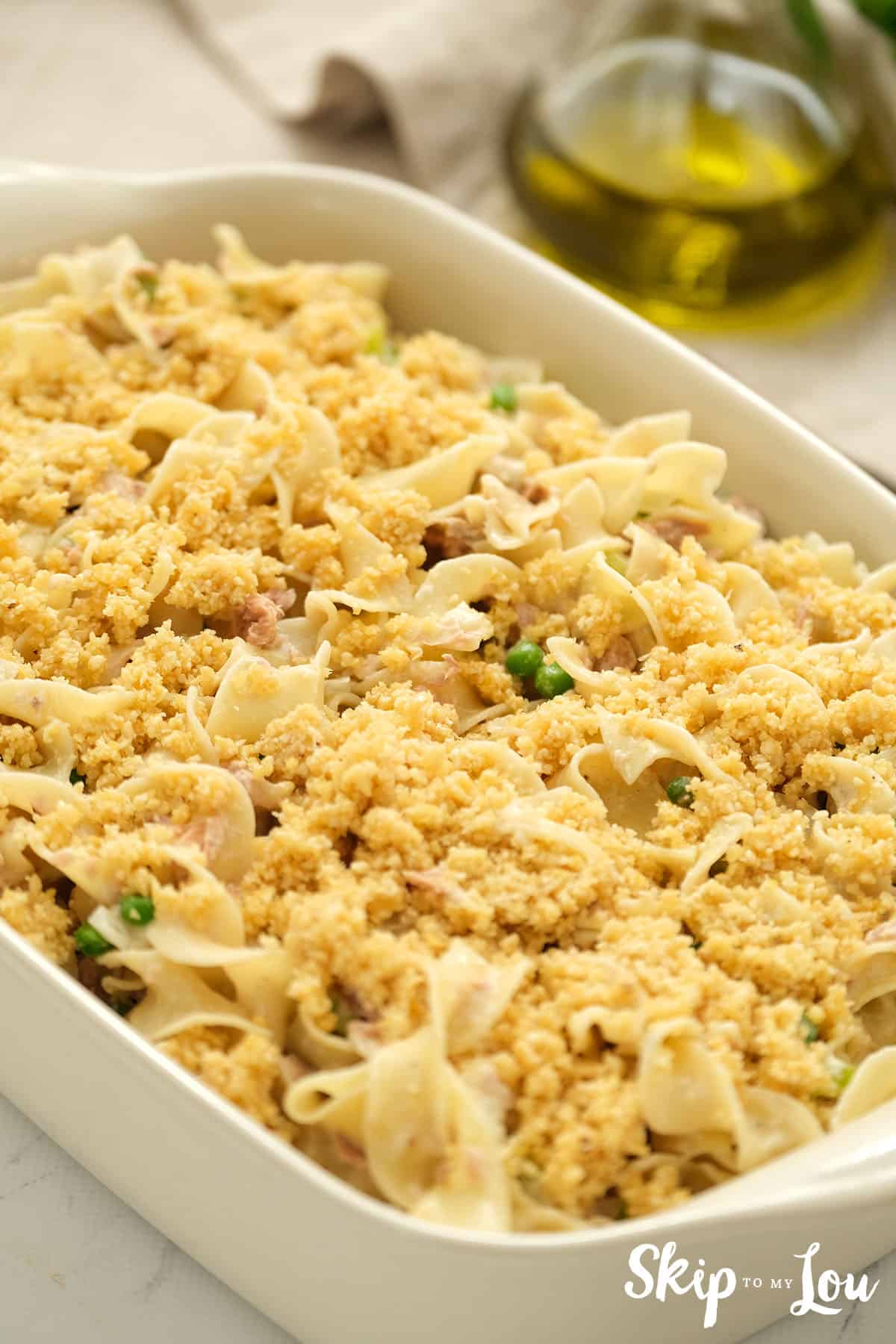 Bread crumbs sprinkled on top of Tuna Noodle Casserole