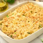 Tuna Noodle Casserole in 9 x 13 pan after bread crumbs have been under the broiler.