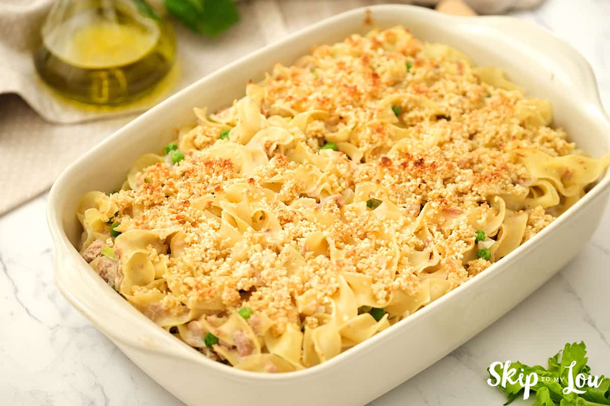 Tuna Noodle Casserole in 9 x 13 pan after bread crumbs have been under the broiler.