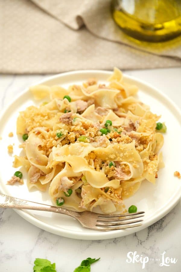 Tuna noodle casserole served on a white plate.