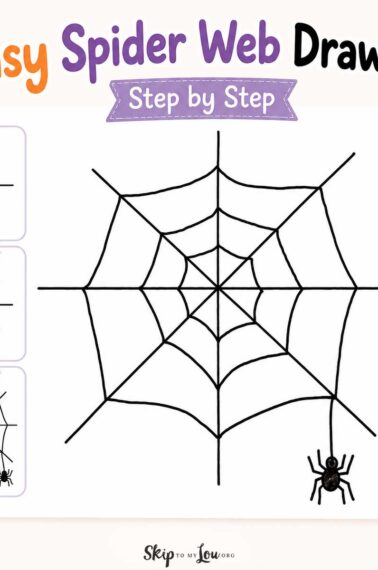 Easy spider web drawing step by step for kids with a finished web and simple drawing steps.