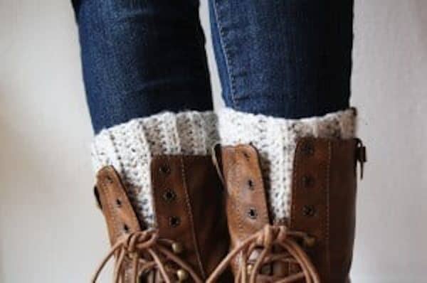 crochet boot cuffs on girl in jeans with brown boots