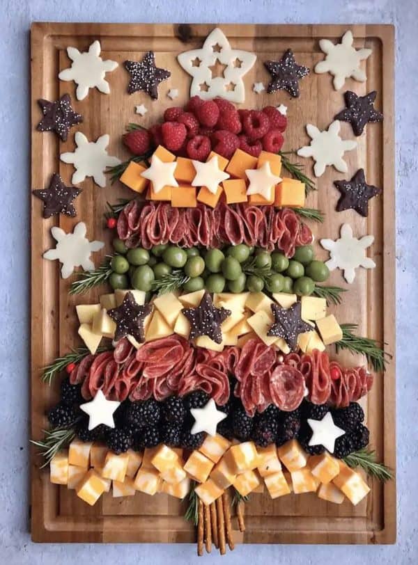 Image shows a cheese and meats charcuterie board with a Christmas theme. from ain't too proud to meg