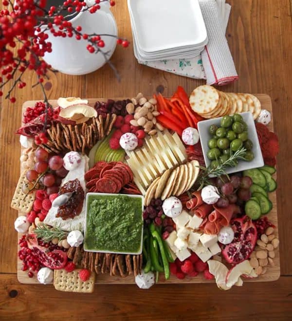 Image shows a charcuterie board with a Christmas theme. from kath eats.