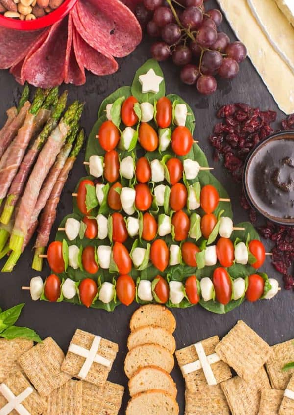 Image shows a vegetable and cheese board that looks like a Christmas tree. from Randa derkson