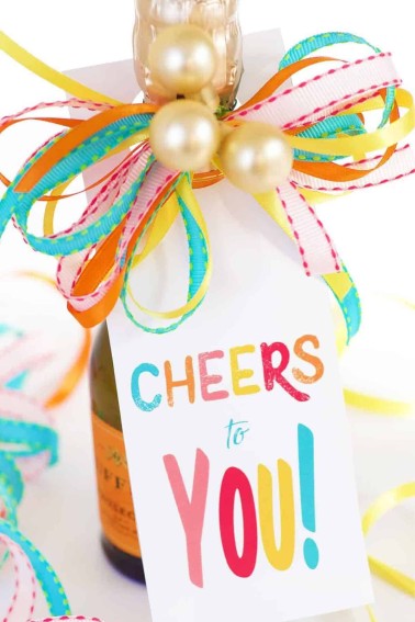 Cheers To You tag with decorative ribbons on a bottle of wine