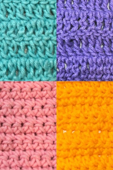 collage of beginner crochet stitch patterns in pink, aqua, yellow and purple