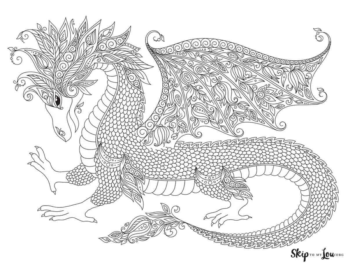 Black and white dragon mandala with feathery hair, mandala-patterned wings and claws on its feet, by Skip to my Lou.
