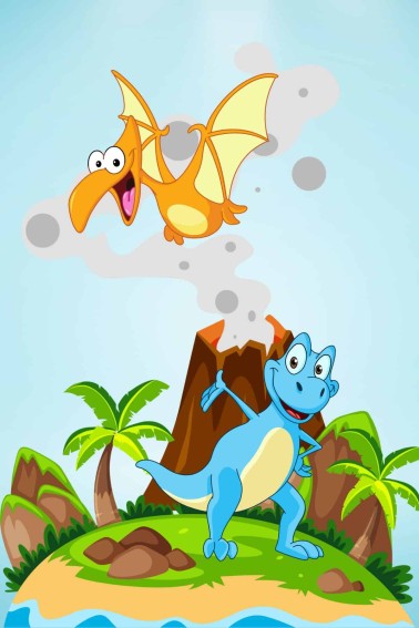 silly cartoon dinosaurs on small island with volcano