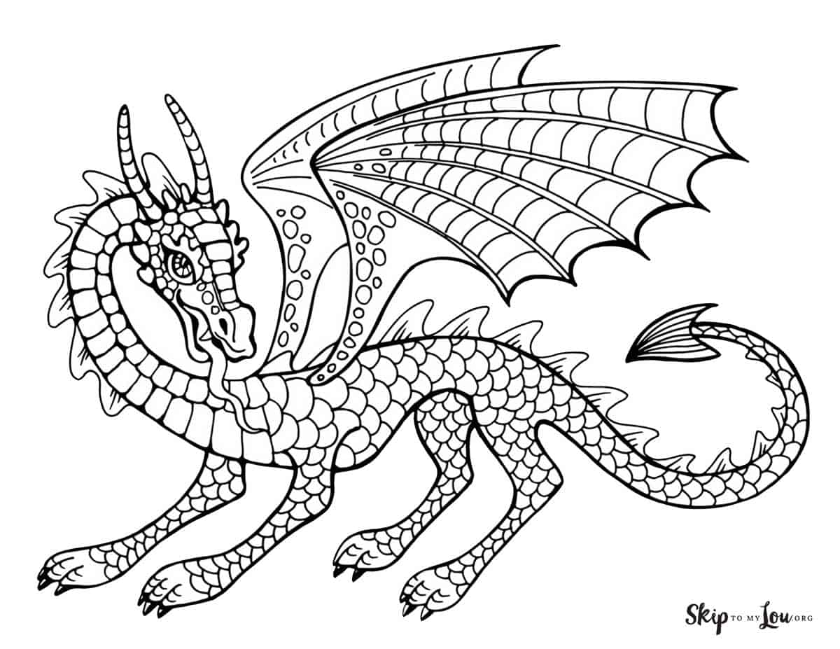 Black and white drawing of a winged dragon with a barbed tail, three claws on each foot and a long curving tongue sticking out, by Skip to my Lou.