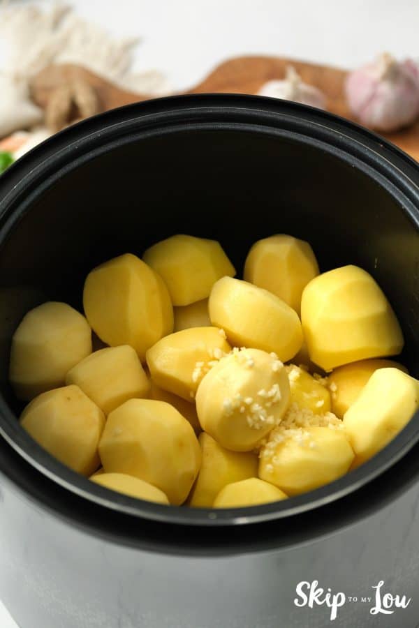 Peeled potatoes in the instant pot for the mashed potatoes. -Skip To My Lou