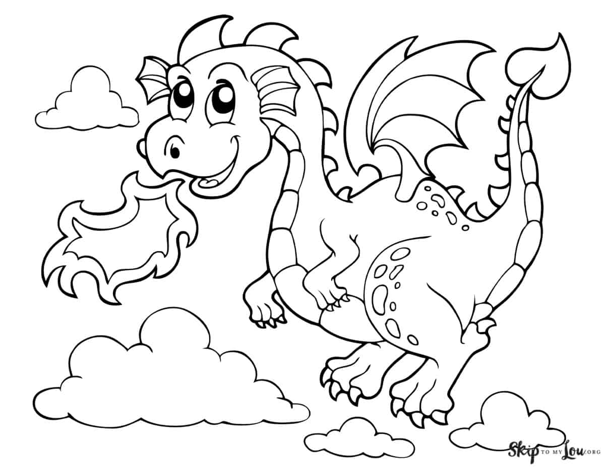 Friendly looking fire breathing dragon coloring page in black and white, by Skip to my Lou.