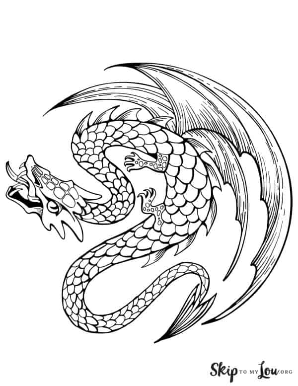 Black and white coloring page featuring a flying Chinese dragon with sharp fangs and a barbed tail, by Skip to my Lou.
