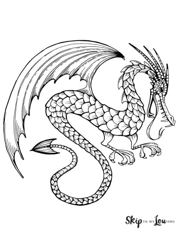 Dragon coloring page featuring a black and white drawing of a Chinese dragon with curved wings, a long-forked tongue and a barbed tail, by Skip to my Lou.