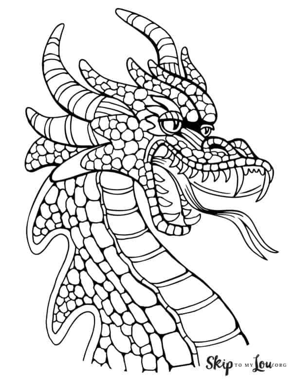 Black and white coloring page with the head and neck of a fire-breathing dragon, by Skip to my Lou.