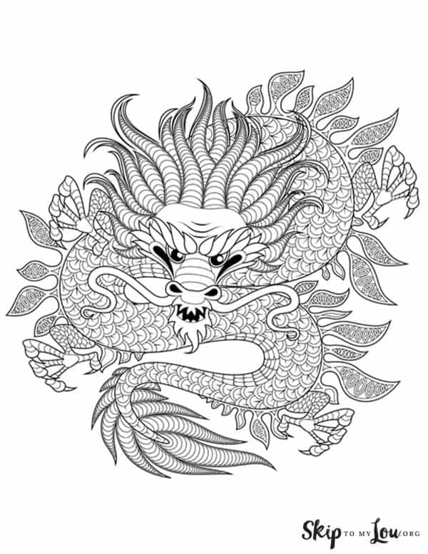 Dragon coloring page featuring a Chinese bearded dragon with feathers, by Skip to my Lou.