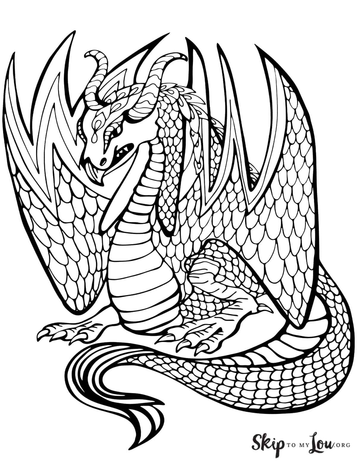 Black and white horned, winged dragon with a sharp, pointed tongue sticking out of its mouth, by Skip to my Lou.