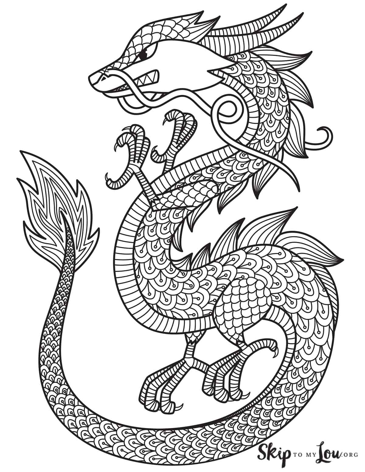 Fierce looking Chinese dragon in black and white with a flaming tail and sharp claws on its toes, by Skip to my Lou.