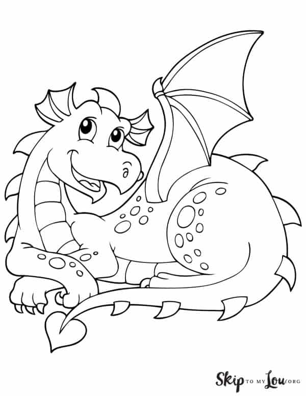 Cute seated dragon with a smile on its face. Friendly looking coloring page for younger kids, by Skip to my Lou.
