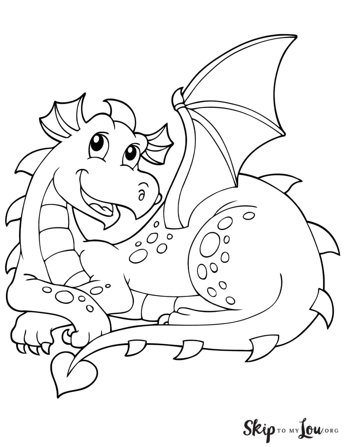 Cute seated dragon with a smile on its face. Friendly looking coloring page for younger kids, by Skip to my Lou.