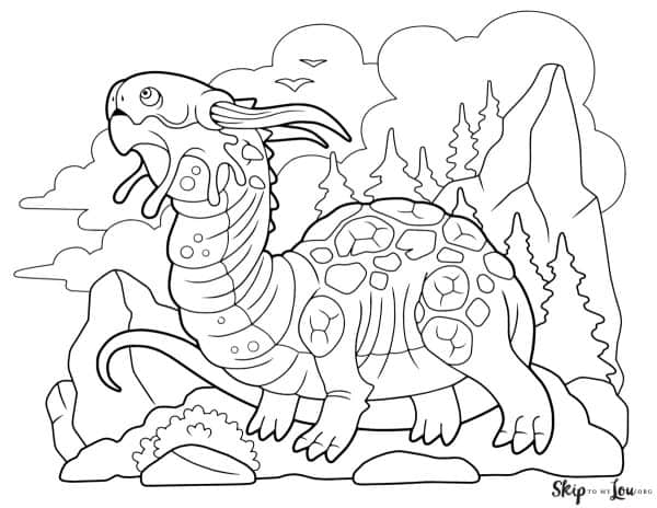 Black and white coloring page with with horned dragon standing in front of a mountain and pine trees, by Skip to my Lou.