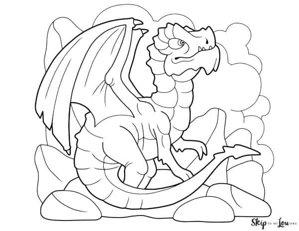 Black and white coloring page with a winged dragon with a barbed tail standing in front of large rocks, by Skip to my Lou.