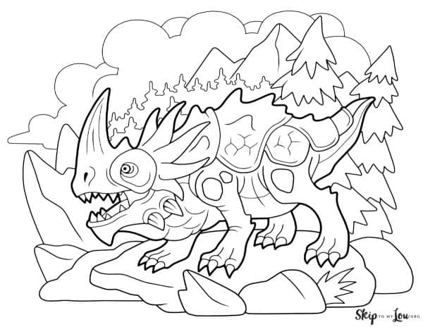 Black and white drawing of a horn-faced reptile with claws and a short tail standing in front of large rocks and pine trees, by Skip to my Lou.
