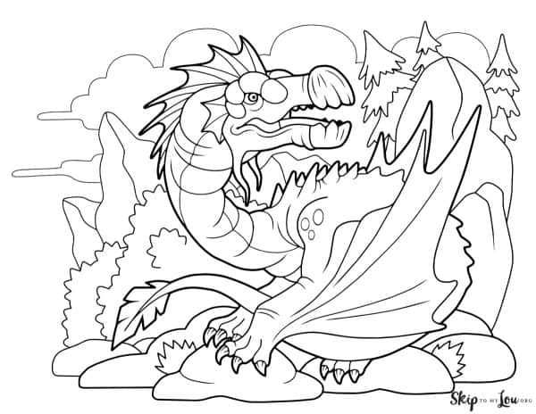 Black and white coloring page of mythological dragon creature with folded wings standing in front of rocks and pine trees, by Skip to my Lou.